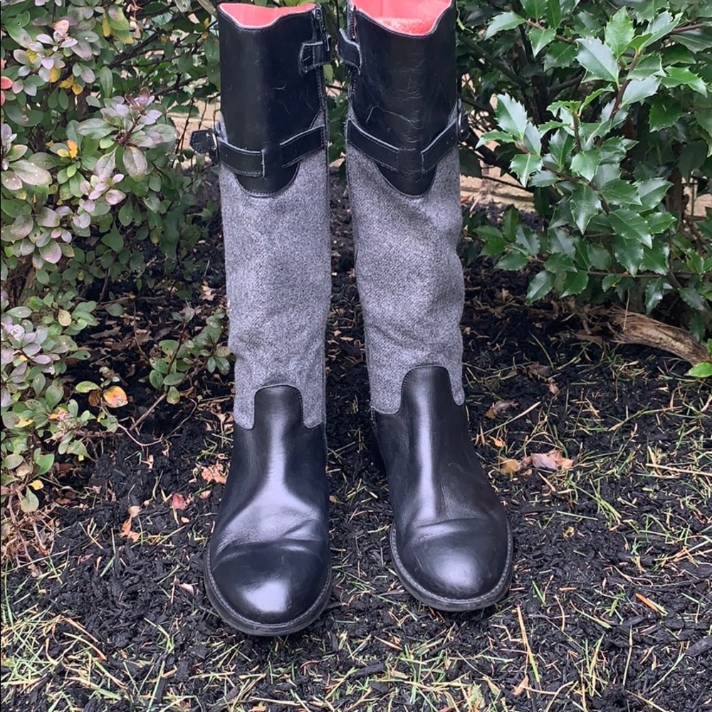 Black and gray tall boots